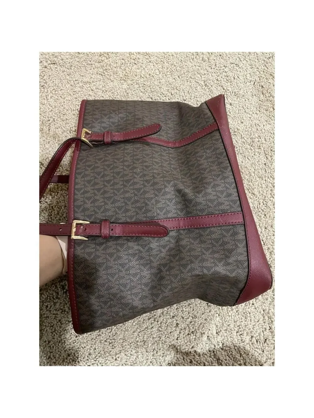 Michael Kors Large Tote Zipped Shoulder Bag Brown Leather Red Accents MK Logo